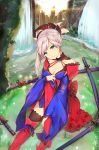  blue_eyes fate/grand_order fate_(series) highres looking_at_viewer miyamoto_musashi_(fate/grand_order) mosta_(lo1777789) ponytail sitting smile solo sword tree water waterfall weapon 
