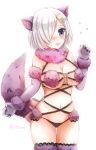  alternate_color animal_ears bare_shoulders breasts claw_pose cosplay dangerous_beast elbow_gloves eyes_visible_through_hair fate/grand_order fate_(series) fur-trimmed_gloves fur-trimmed_legwear fur_collar fur_trim gloves hair_ornament hair_over_one_eye hairclip halloween_costume hamakaze_(kantai_collection) kantai_collection lace lace-trimmed_thighhighs large_breasts look-alike looking_at_viewer mash_kyrielight mash_kyrielight_(cosplay) mazeru_(jisjifin) o-ring o-ring_top purple_gloves purple_legwear revealing_clothes short_hair silver_hair solo tail thighhighs white_gloves wolf_ears wolf_tail 