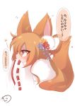  absurdres animal_ear_fluff animal_ears bangs blue_flower blush brown_eyes brown_hair closed_mouth commentary_request eyebrows_visible_through_hair fang fang_out flower fox_ears fox_girl fox_tail from_side fur_collar hair_between_eyes hair_flower hair_ornament highres korin_(shironeko_project) long_hair long_sleeves looking_away muuran red_flower ribbon-trimmed_sleeves ribbon_trim shironeko_project signature simple_background sleeves_past_fingers sleeves_past_wrists solo tail translation_request white_background wide_sleeves yellow_flower 