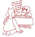  anthro bed boss_monster caprine clothing comic dialogue duo english_text female goat hair hi_res human kneeling male mammal monochrome mother open_mouth parent pillow protagonist_(undertale) simple_background son text tired-fandom-trash toriel undertale video_games white_background 