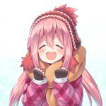  :d ^_^ ^o^ black_gloves closed_eyes coat commentary_request facing_viewer fingerless_gloves gloves gradient gradient_background hat kagamihara_nadeshiko long_hair low_twintails open_mouth pink_hair scarf shimokirin simple_background smile solo twintails winter_clothes winter_coat yurucamp 