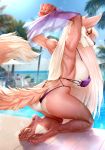  2018 anthro back_muscles beach big_breasts black_nose breasts brown_fur butt canine clothing cloud day digital_media_(artwork) dimples_of_venus female fennec fox fur hair huge_breasts kneeling long_hair looking_at_viewer looking_back loyse mammal mr._mist outside palm_trees poolside sea seaside solo swimsuit water white_hair yellow_eyes 