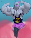  anthro balls big_balls big_penis bulge canine clothing cursedmarked flexing huge_penis humanoid_penis looking_at_viewer male mammal muscular muscular_male pecs penis penis_through_leghole poking_out shirt smile solo tank_top uncut veiny_muscles waffle_(artist) 
