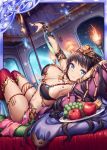  1girl akkijin apple armpits banana bikini black_hair blue_eyes boots breasts card_(medium) cleopatra_(valkyrie_crusade) couch crown dish egyptian food from_side fruit full_moon grapes hair_ornament hand_up long_hair looking_at_viewer looking_back lying medium_breasts moon night night_sky official_art pillow shinkai_no_valkyrie sideboob sky solo swimsuit tan tanline thighhighs tiara uraeus 