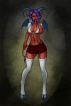  2015 abstract_background breasts clothing dangercat demon female green_eyes hair hooves horn humanoid legwear looking_at_viewer navel not_furry purple_hair shirt skirt smile solo standing stockings succubus underwear wings 