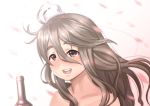  :d bare_shoulders blurry blush bottle commentary_request curly_hair depth_of_field gradient gradient_background kantai_collection long_hair looking_at_viewer misumi_(niku-kyu) open_mouth petals pola_(kantai_collection) silver_hair simple_background smile solo wind wine_bottle 