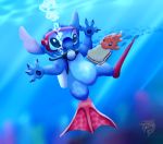  2018 4_fingers alien ambient_fish anthro blue_background blue_claws blue_eyes blue_fur blue_nose blue_pawpads bubble claws digital_drawing_(artwork) digital_media_(artwork) disney duo_focus experiment_(species) eyewear feral fish food fur goggles group hi_res lilo_and_stitch marine notched_ear orange_body pawpads pudge_the_fish sandwich_(food) scuba scuba_tank sea signature simple_background smile stitch thebmeister underwater water watermark 