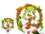  aki_no_jikan arms_at_sides bare_shoulders bow detached_sleeves earrings elf flower green_hair green_legwear hair_ornament hair_rings holly jewelry long_hair looking_at_viewer maru-kichi multiple_views official_art poinsettia pointy_ears red_bow red_eyes sitting skirt standing star star_hair_ornament striped striped_skirt thighhighs twintails watermark wreath 