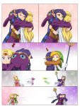  2girls ? afterimage alderion-al aqua_eyes blonde_hair cape circlet comic directional_arrow elbow_gloves floral_background gloves green_eyes highres hug link mask mask_removed multiple_boys multiple_girls phrygian_cap pointy_ears princess_hilda princess_zelda purple_hair ravio smile speed_lines spoilers squiggle staff the_legend_of_zelda the_legend_of_zelda:_a_link_between_worlds white_gloves wrist_cuffs you're_doing_it_wrong 