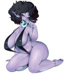  2016 barefoot big_breasts big_butt big_thighs bikini black_hair blue_eyes blue_lips blue_tongue breasts butt claws cleavage clothed clothing fangs female freckles hair hi_res huge_breasts humanoid long_hair looking_at_viewer navel not_furry open_mouth piercing pointy_ears purple_skin side_boob simple_background sitting slightly_chubby sling_bikini smile soles solo swimsuit teeth thick_thighs tongue tongue_out tongue_piercing vampire venusflowerart white_background 