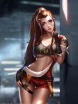  against_wall arm_tattoo asymmetrical_clothes belt blurry breasts brigitte_(overwatch) brown_eyes brown_hair cleavage commentary crop_top depth_of_field fingerless_gloves gloves hair_ornament hand_on_hip leaning liang_xing looking_at_viewer medium_breasts navel overall_shorts overalls overwatch parted_lips ponytail solo stomach suspenders tattoo underboob 