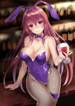  alcohol animal_ears bar bare_shoulders blush bottle bow bowtie breasts bunny_ears bunny_girl bunnysuit cleavage commentary_request covered_navel cup detached_collar drinking_glass fate/grand_order fate_(series) fishnet_pantyhose fishnets harimoji hips large_breasts leotard long_hair looking_at_viewer pantyhose purple_hair red_eyes scathach_(fate)_(all) scathach_(fate/grand_order) shiny shiny_clothes shiny_skin sitting smile solo thighs wine wrist_cuffs 