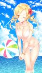  ;) ass_visible_through_thighs ball beachball bikini blonde_hair blue_sky bracelet breasts cleavage cloud cloudy_sky collarbone day drill_hair flower hair_flower hair_ornament hibiscus highres jewelry jiinyo_(awamoe1207) large_breasts long_hair mahou_shoujo_madoka_magica navel one_eye_closed outdoors red_flower shiny shiny_skin side-tie_bikini sky smile solo standing swimsuit tomoe_mami twin_drills twintails underboob water white_bikini yellow_eyes 