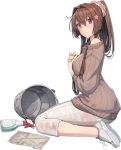  alternate_costume bottle breasts brown_eyes brown_hair brown_sweater bucket flower from_side full_body hair_flower hair_intakes hair_ornament kantai_collection kneeling large_breasts long_hair long_sleeves looking_at_viewer lowres off_shoulder official_art pants ribbed_sweater shizuma_yoshinori sidelocks solo spray_bottle sweater transparent_background very_long_hair white_footwear white_pants yamato_(kantai_collection) 
