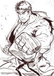  &gt;:( asutora bandaged_hands bandages belt clenched_hands closed_mouth commentary_request cowboy_shot fighting_stance fingerless_gloves foreshortening frown gloves greyscale headband highres looking_at_viewer male_focus monochrome muscle ryuu_(street_fighter) simple_background sketch sleeveless solo standing street_fighter torn_clothes v-shaped_eyebrows white_background 