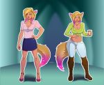  2018 animal_humanoid blonde_hair blue_eyes breasts clothed clothing dangercat female footwear fox_humanoid hair hand_on_stomach humanoid jewelry long_hair multicolored_hair navel necklace pants pink_hair pregnant sequence shirt shoes skirt smile solo standing two_tone_hair 