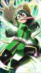  5_fingers amphibian animal_humanoid asui_tsuyu belt black_eyes black_hair clothing eyewear female frog_humanoid front_view gloves goggles hair hair_rings hat headwear humanoid legwear long_hair long_tongue looking_at_viewer looking_down low-angle_view mask my_hero_academia official_art open_mouth pink_tongue solo superhero swimfin tongue tongue_out unknown_artist 