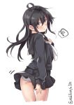  ahoge ass black_hair black_serafuku black_skirt blush ebifurya eyebrows_visible_through_hair from_behind hair_between_eyes highres kantai_collection lips long_hair long_sleeves looking_at_viewer mikazuki_(kantai_collection) panties pantyshot pantyshot_(standing) parted_lips pleated_skirt sailor_collar school_uniform serafuku simple_background skirt solo spoken_squiggle squiggle standing twisted_torso twitter_username underwear white_panties 