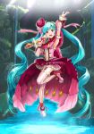  :d absurdres arm_up armpits blue_hair detached_sleeves earrings floating_hair flower frilled full_body garter_straps hair_flower hair_ornament hatsune_miku high_heels highres holding holding_microphone jewelry layered_skirt leg_up long_hair mayo_riyo microphone open_mouth pink_footwear red_eyes red_flower shoes smile solo standing standing_on_one_leg striped striped_legwear thighhighs twintails vertical-striped_legwear vertical_stripes very_long_hair vocaloid zettai_ryouiki 