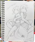  2016 anthro back_to_back basitin canine claws clothed clothing female frown fur hair keidran keith_keiser looking_back mammal midriff monochrome natani photo shorts sketch toe_claws tom_fischbach traditional_media_(artwork) twokinds webcomic 