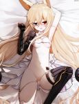  animal_ears bangs barcode_tattoo bed_sheet black_gloves blonde_hair blue_eyes blush bra breasts commentary_request dyolf eyebrows_visible_through_hair fang fox_ears g41_(girls_frontline) girls_frontline gloves hair_between_eyes heterochromia long_hair low-tied_long_hair lying medium_breasts nose_blush on_back open_mouth panties panty_pull red_eyes solo tattoo underwear underwear_only very_long_hair white_bra white_panties 