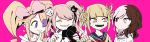  blonde_hair blue_eyes boku_no_hero_academia brown_eyes brown_hair closed_eyes commentary_request crossover danganronpa enoshima_junko esu_(transc) eyepatch fangs grin harime_nui heterochromia kill_la_kill long_hair monokuma multicolored_hair multiple_crossover multiple_girls neo_(rwby) pink_background pink_eyes pink_hair rwby school_uniform simple_background slit_pupils smile spoilers stuffed_animal stuffed_toy teddy_bear toga_himiko two-tone_hair yellow_eyes 