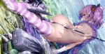  absurdres arm_support ass azur_lane bangs blue_eyes blue_sky blush breasts cannon chinese_commentary clothes_removed cloud commentary_request crown day dimples_of_venus earrings eyebrows_visible_through_hair fang fang_out gloves hair_between_eyes hair_ornament hair_ribbon highres javelin_(azur_lane) jewelry kneeling leaning_forward long_hair looking_at_viewer looking_back machinery mini_crown nude pleated_skirt ponytail purple_hair ribbon rigging ripples shiny shiny_skin shoulder_blades sidelocks skirt sky small_breasts smile solo striped striped_legwear stud_earrings tattoo thighhighs tree_shade turret water waves wet white_gloves xuanlin_jingshuang 