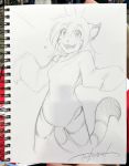  &lt;3 2016 anthro clothed clothing feline female flora_(twokinds) fur hair happy keidran mammal monochrome off_shoulder open_mouth oversized_shirt pencil_(artwork) photo shirt sketch smile solo striped_fur stripes tiger tom_fischbach tongue traditional_media_(artwork) twokinds webcomic 