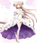  ankle_wings bangs bow brown_eyes choker cleavage_cutout dress foot_wings full_body gloves hair_bow hand_on_own_chest high_heels highres kaname_madoka kinfuji long_hair looking_at_viewer mahou_shoujo_madoka_magica pink_hair solo soul_gem spoilers standing star_(sky) thighhighs two_side_up ultimate_madoka very_long_hair white_bow white_choker white_dress white_gloves wings 
