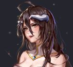 :d ahoge albedo black_background black_hair breasts brown_eyes choker cleavage hair_between_eyes highres horns long_hair medium_breasts open_mouth overlord_(maruyama) pauld portrait simple_background smile solo sparkle strapless 