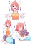  :d ahoge alternate_hairstyle apron bangs blue_shirt blush closed_eyes grey_hair hand_on_another's_head hand_on_another's_shoulder highres hug kanabun lap_pillow long_sleeves love_live! love_live!_sunshine!! multiple_girls multiple_views open_mouth orange_apron orange_hair outstretched_arms red_eyes shirt short_hair simple_background sitting smile takami_chika translated watanabe_you white_background white_shirt yokozuwari yuri 