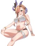  bangs bare_shoulders bikini blush bracelet breasts brown_eyes brown_hair cleavage commentary_request eyebrows_visible_through_hair flower granblue_fantasy hair_bun hair_flower hair_ornament hairband hand_on_own_knee head_wings highres hips jewelry large_breasts leg_garter long_hair looking_at_viewer navel open_mouth sidelocks simple_background sitting smile solo song_(granblue_fantasy) spicy_moo swimsuit thighs white_background white_bikini wristband 