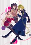  1boy 2girls :o androgynous black_hair black_legwear blonde_hair blue_coat brown_coat coat coffee_cup commentary_request copyright_name cup disposable_cup enkidu_(fate/strange_fake) ereshkigal_(fate/grand_order) fate/grand_order fate_(series) food green_eyes green_hair hair_ribbon hands_in_pockets highres holding holding_cup holding_food ishtar_(fate/grand_order) lawson long_hair multiple_girls pantyhose plaid plaid_skirt red_coat red_eyes red_ribbon ribbon satsuki_(miicat) scarf skirt smile snowflakes star tiara two_side_up winter_clothes winter_coat 
