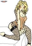  bed bedroom_eyes big_breasts blonde_hair breasts brown_eyes cheetah cheetara cleavage clothed clothing exergys feline female fishnet fishnet_legwear fur hair half-closed_eyes hi_res humanoid legwear mammal open_mouth phillipthe2 pose seductive sitting solo spots spotted_fur spotted_hair tattoo thigh_highs thundercats 