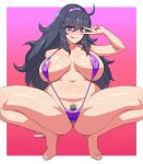  1girl ahoge al_bhed_eyes areola_slip areolae black_hair blue_eyes blush breasts erect_nipples hairband hex_maniac_(pokemon) kaitasuku large_breasts long_hair looking_at_viewer messy_hair npc_trainer peace_symbol plump pokemon pokemon_(game) pubic_hair slingshot_swimsuit solo squatting thick_thighs tongue tongue_out 