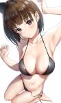  animal_ears arm_up armpits bangs bare_shoulders bikini black_bikini blush breasts brown_eyes brown_hair cat_ears cleavage collarbone commentary eyebrows_visible_through_hair hips kneeling large_breasts looking_at_viewer navel original short_hair simple_background solo swimsuit takeashiro thighs white_background 