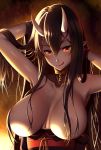  :q areola_slip areolae armpits arms_behind_head arms_up black_hair breasts censored choker cuffs hair_over_breasts highres large_breasts long_hair looking_at_viewer obi oni oni_horns orange_eyes original pale_skin pointless_censoring pointy_ears sash shackles solo tongue tongue_out upper_body zukky 