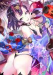  1girl :d ass black_hair bridal_gauntlets commentary_request eyeliner fate/grand_order fate_(series) gourd hair_ornament highres japanese_clothes lampion looking_at_viewer makeup oni oni_horns open_mouth oriental_umbrella parted_lips short_hair shuten_douji_(fate/grand_order) silver_eyes smile solo umbrella white_skin 