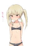  absurdres arms_behind_back bangs bare_arms bikini black_bikini blonde_hair blush brown_eyes closed_mouth dot_nose embarrassed eyebrows_visible_through_hair flat_chest frown furrowed_eyebrows halterneck highres looking_at_viewer navel original shiny shiny_hair simple_background solo standing sweatdrop swimsuit tsurime twintails white_background yakihebi zipper 