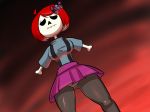  4:3 anaugi animated_skeleton bone bow breasts clothing dismemberment dutch_angle female frown hair hair_bow hair_ribbon humanoid monster_girl_gamu not_furry red_hair ribbons skeleton skelly skirt solo undead upskirt 