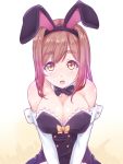  :o animal_ears arm_cuffs bangs black_leotard black_neckwear bow bowtie breasts brown_hair bunny_ears bunnysuit cleavage detached_collar double-breasted elbow_gloves eyebrows_visible_through_hair fake_animal_ears gloves highres kanabun kunikida_hanamaru large_breasts leotard looking_at_viewer love_live! love_live!_sunshine!! solo strapless strapless_leotard upper_body white_background white_gloves yellow_eyes yellow_neckwear 
