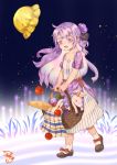  :d absurdres alternate_costume apple azur_lane bottle bread carrying casual commentary_request contemporary food fruit full_body hair_bun hair_ribbon hat hat_removed headwear_removed highres long_hair looking_at_viewer mary_janes one_side_up open_mouth picnic_basket purple_eyes purple_hair ribbon shizi_suky shoes side_bun smile socks solo stuffed_alicorn stuffed_animal stuffed_toy unicorn_(azur_lane) walking white_legwear wind 
