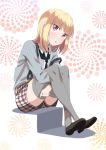  blonde_hair brown_footwear eyebrows_visible_through_hair full_body grey_legwear grey_shirt head_tilt iijima_yun leg_hug long_hair new_game! off_shoulder open_mouth pink_x red_eyes shirt shoes short_shorts shorts sitting solo striped striped_shirt suspender_shorts suspenders thighhighs vertical-striped_shirt vertical_stripes white_background 