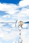  backpack bag blonde_hair cloud cloudy_sky commentary day dress enjaku_izuku from_side gambier_bay_(kantai_collection) highres holding_map kantai_collection long_hair long_sleeves map_(object) outdoors reflection salar_de_uyuni sky solid_circle_eyes solo thighhighs translated white_legwear 