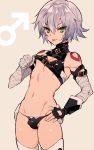  :p bandaged_arm bandages belt black_gloves black_panties bulge cowboy_shot crossdressing facial_scar fate/grand_order fate_(series) fingerless_gloves genderswap genderswap_(ftm) gloves green_eyes highres jack_the_ripper_(fate/apocrypha) male_focus mars_symbol nipples otoko_no_ko panties scar short_hair silver_hair simple_background solo string_panties tank_top tattoo testicles tongue tongue_out tubumi underwear 