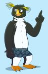  2015 3_toes 4_fingers anthro anti_dev avian beak bird blue_background brown_eyes clothed clothing cody_maverick male open_mouth partially_clothed penguin pointing simple_background smile solo standing surf&#039;s_up swimsuit toes topless webbed_feet 