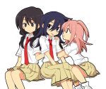  bags_under_eyes commentary_request girl_sandwich green_eyes hand_on_another's_shoulder kita_senju kuroki_tomoko long_hair multiple_girls necktie nemoto_hina pink_hair sandwiched shirt sitting tamura_yuri twintails watashi_ga_motenai_no_wa_dou_kangaetemo_omaera_ga_warui! 