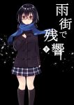  black_background black_hair brown_eyes coat glasses itsumi_mita looking_at_viewer official_art original pleated_skirt scarf short_hair skirt solo standing 