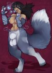  2015 animal_genitalia animal_humanoid animal_penis balls big_breasts black_hair blue_eyes breasts dickgirl hair humanoid intersex jewelry long_hair necklace nipples nut-case on_one_leg open_mouth penis sheath simple_background smile solo standing transformation wolf_humanoid 