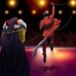  ainz_ooal_gown arm_up black_footwear black_gloves black_hair cape demiurge gloves holding holding_microphone jacket jumping k-ta male_focus microphone multiple_boys overlord_(maruyama) pants purple_cape red_jacket red_pants stage tail vertical-striped_jacket 